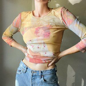 Vintage Y2K Mesh Printed Rhinestone Long Sleeve Top